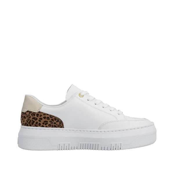 White leather trainers with leopard print accent, lace-up and zip closure, chunky sole, and beige heel detail.