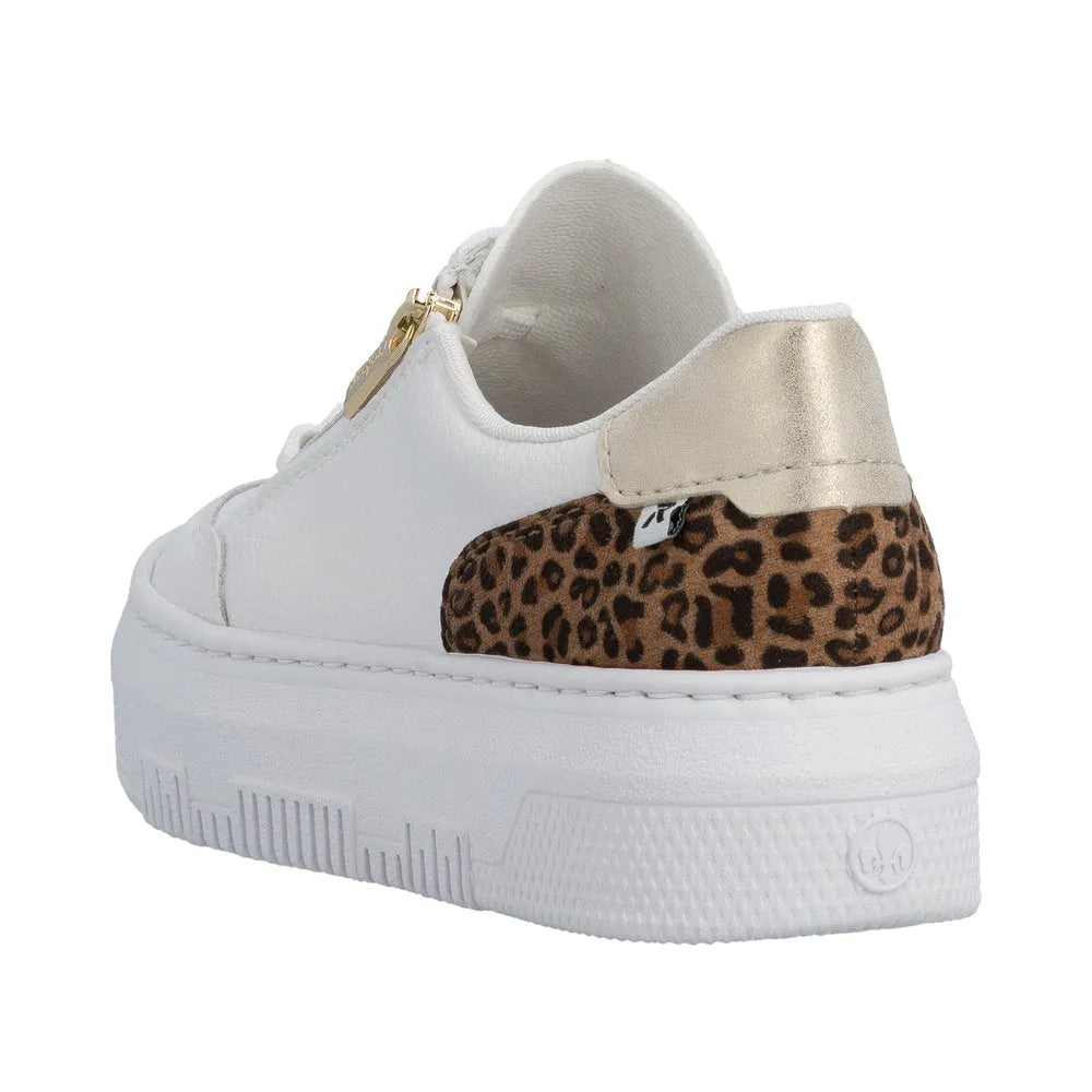 White leather trainer with gold zip, leopard print heel detail, and metallic gold accents.