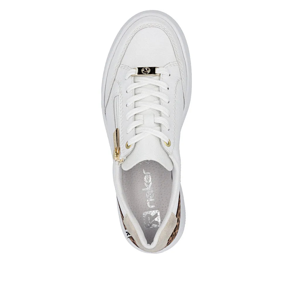 White leather trainers with leopard print accents, lace-up front, gold zippers, and a zip closure.