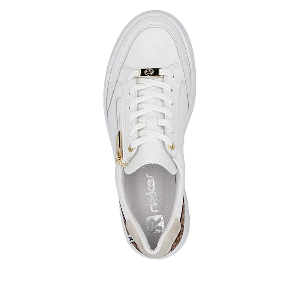 White leather trainers with leopard print accents, lace-up front, gold zippers, and a zip closure.