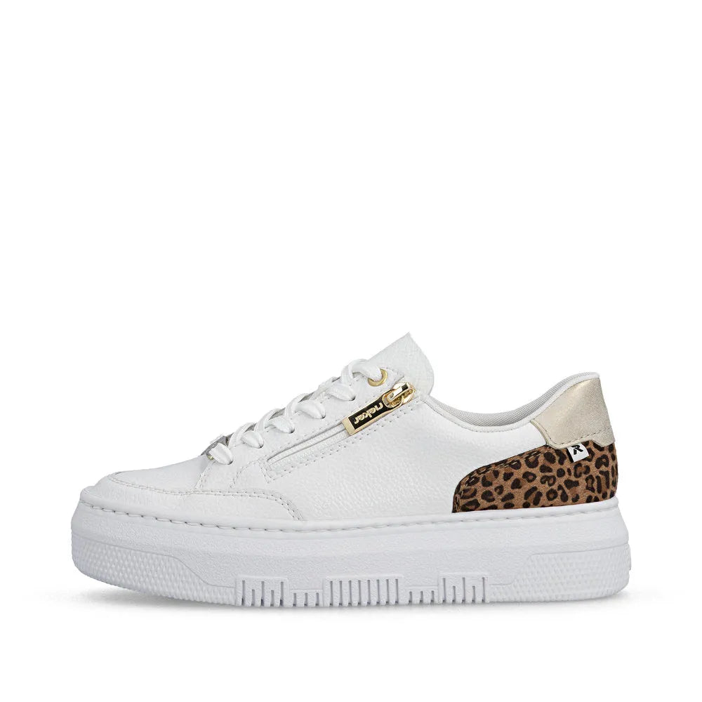 White leather trainers with leopard print heel detail, gold accents, lace-up and side zipper.