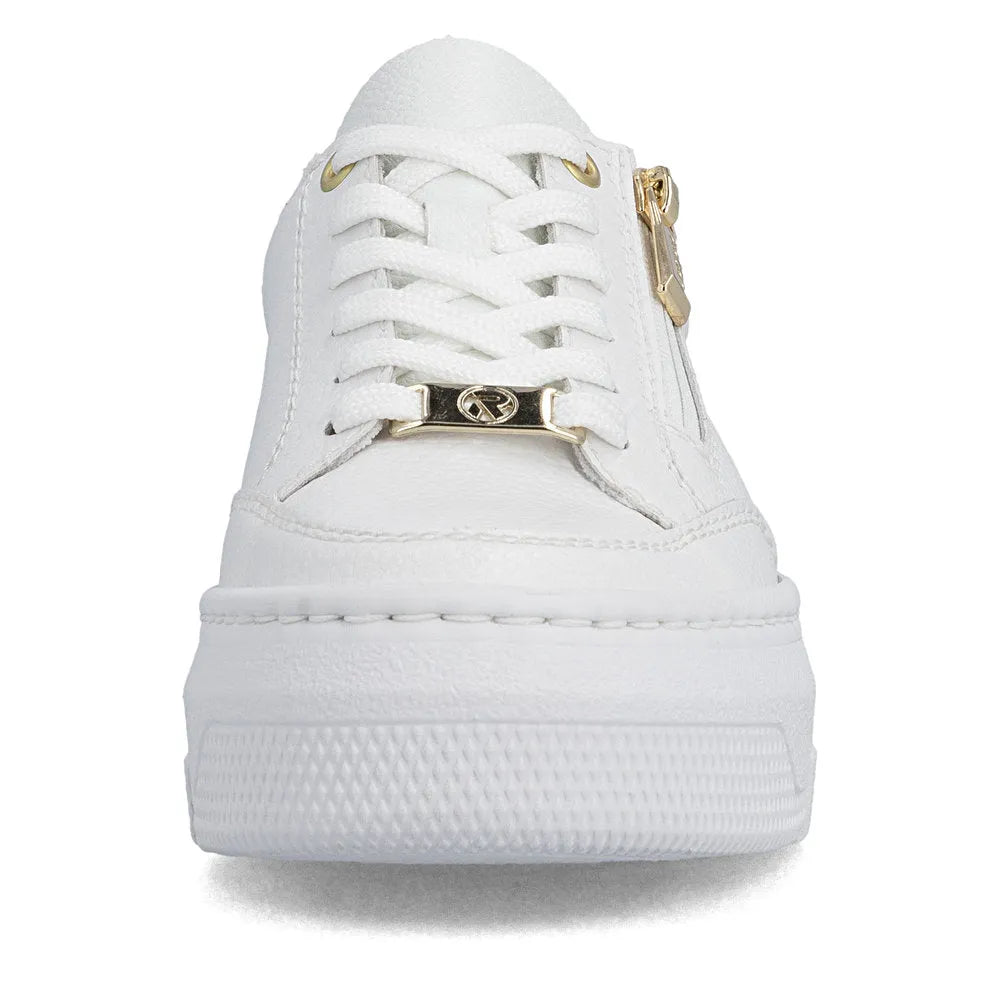 White leather trainer with lace-up front, gold-tone zipper and details, and leopard print accents on the sides.