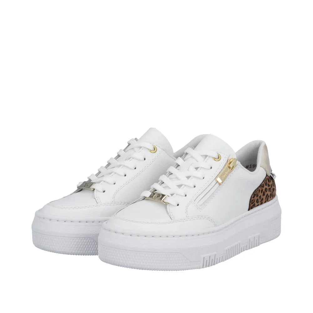 White leather trainers with gold zipper details and leopard print accents on the heel.