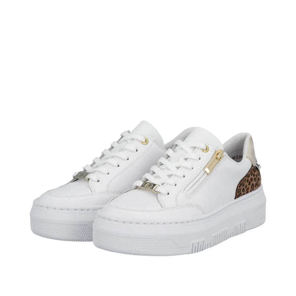 White leather trainers with gold zipper details and leopard print accents on the heel.