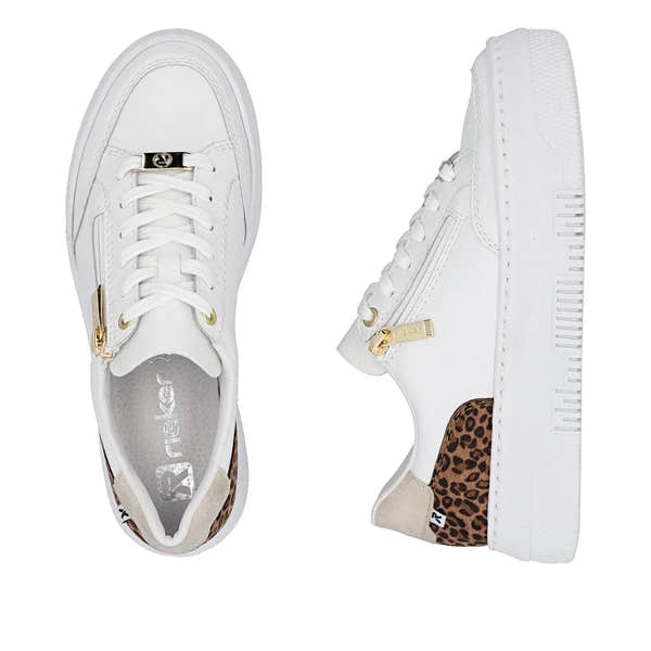 White leather trainers with leopard print accents, gold zippers, lace-up and zip fastening, branded details, and a chunky sole.