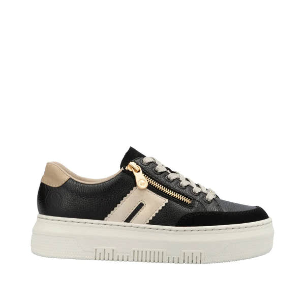 Rieker M1912-00 women's multi leather casual trainers with lace-up front, zipper detail, and chunky white sole.