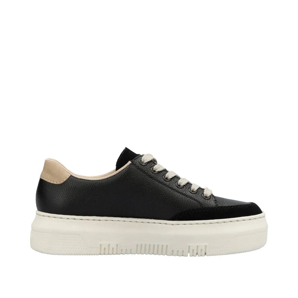 Rieker M1912-00 women's multi leather trainers with zip and lace-up closure, black and beige accents, chunky white sole.