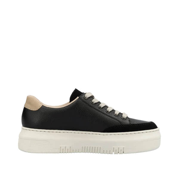 Rieker M1912-00 women's multi leather trainers with zip and lace-up closure, black and beige accents, chunky white sole.