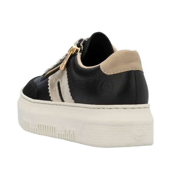 Rieker M1912-00 women’s multi leather zip and lace trainer with black, beige, and white colors, chunky sole, and stylish design.