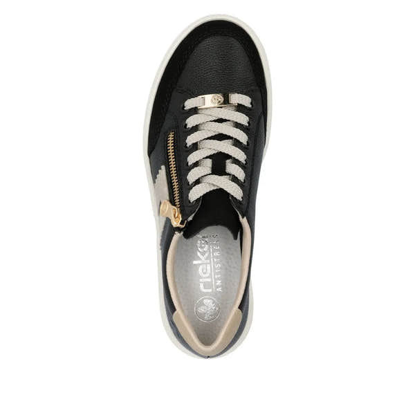 Rieker M1912-00 women's multi leather zip and lace trainers with black, beige, and white accents, featuring gold hardware and breathable interior.