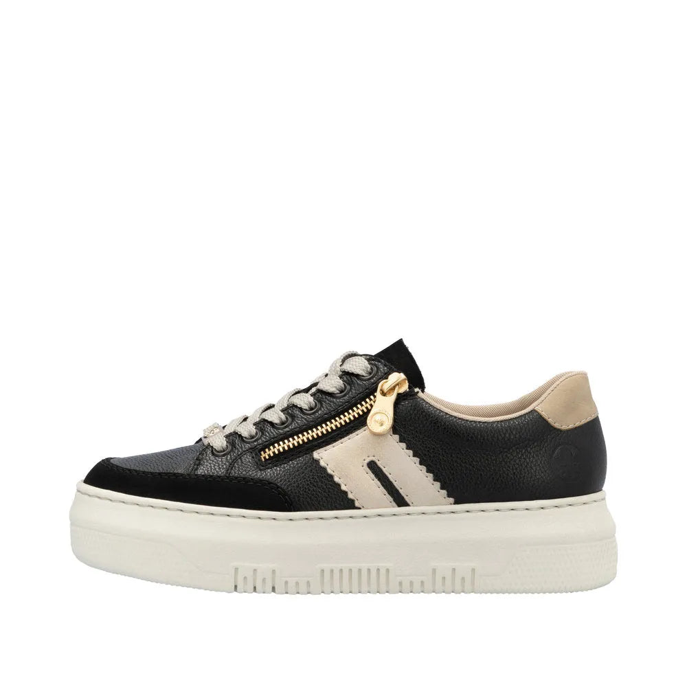 Rieker M1912-00 women's multi leather trainers with zip and lace-up closure, beige and black design, chunky white sole.