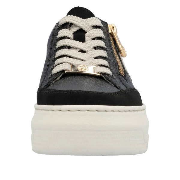 Rieker M1912-00 ladies multi leather zip and lace casual trainers with white platform sole and gold-tone accents.