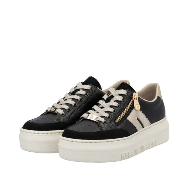 Rieker M1912-00 ladies' multi leather sneakers with zip and lace-up closure, chunky white sole, black and beige color blocking.