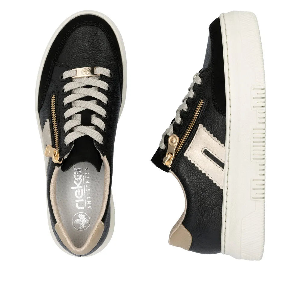 Rieker M1912-00 women's multi leather zip and lace trainers, black and beige color, sporty casual sneakers.