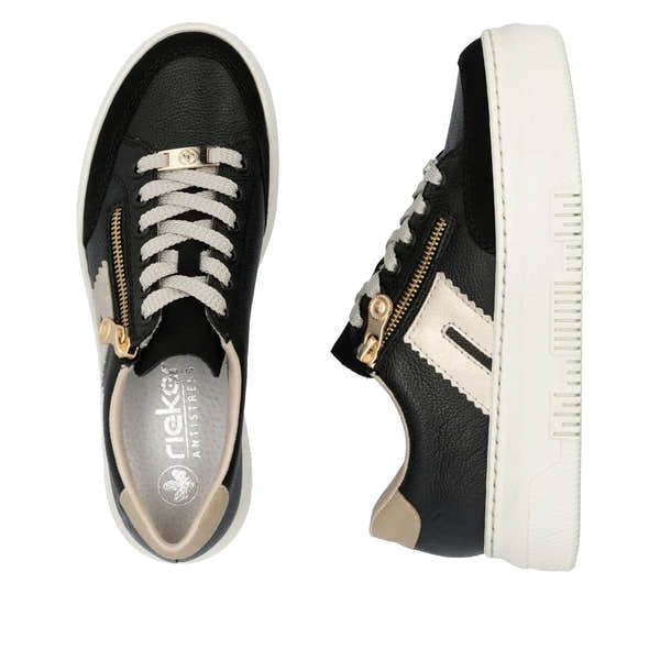 Rieker M1912-00 women's multi leather zip and lace trainers, black and beige color, sporty casual sneakers.