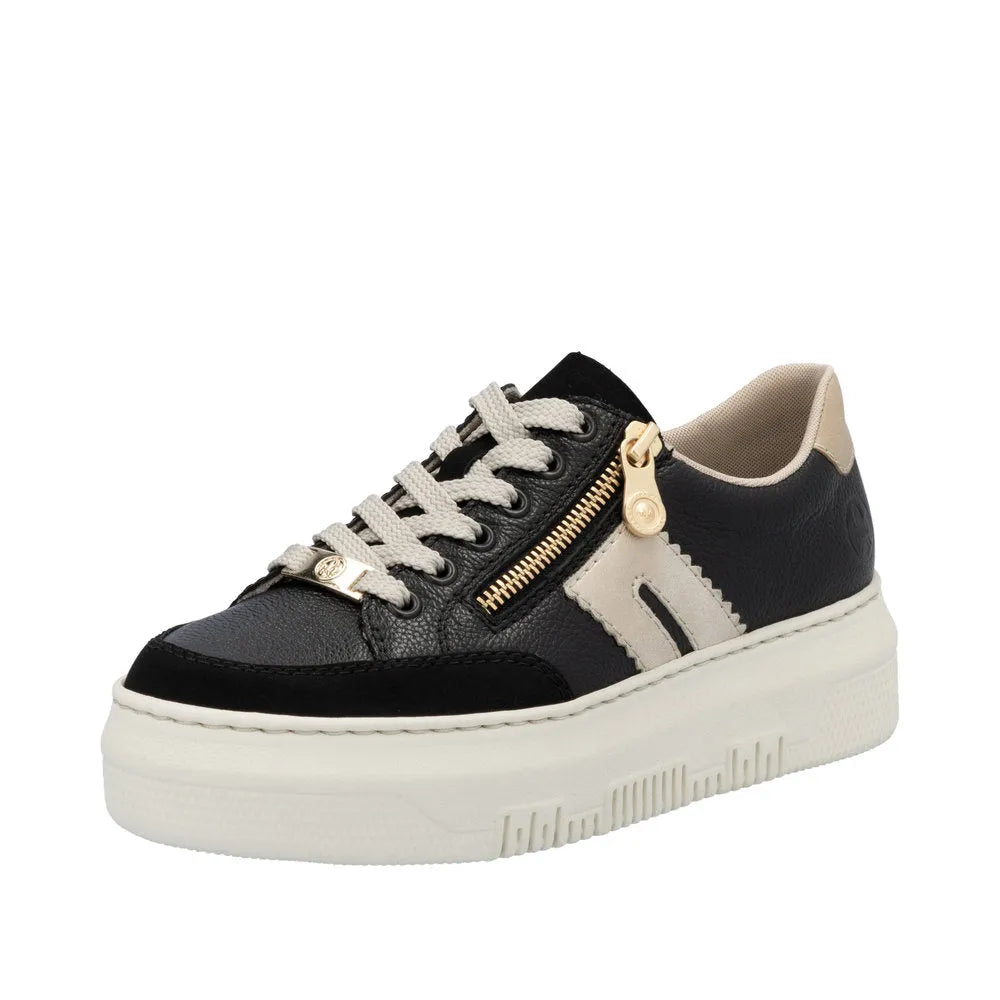 Rieker M1912-00 women's multi leather sneakers with lace-up, zipper detail, and beige accents on black and white sole.