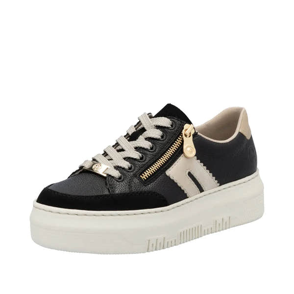 Rieker M1912-00 women's multi leather sneakers with lace-up, zipper detail, and beige accents on black and white sole.