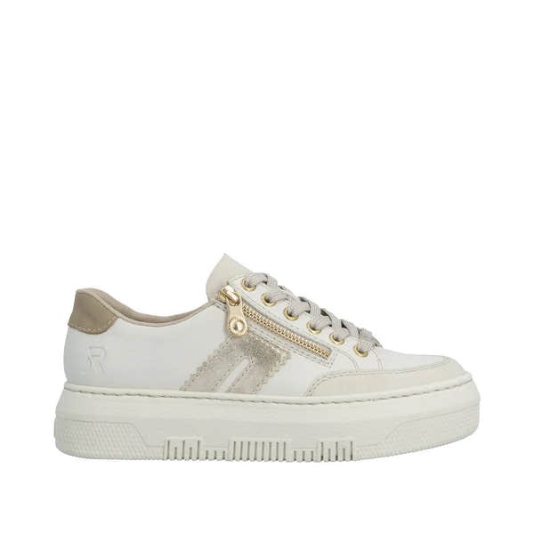 Off-white leather trainer with gold zip, lace-up closure, beige accents, and chunky sole.