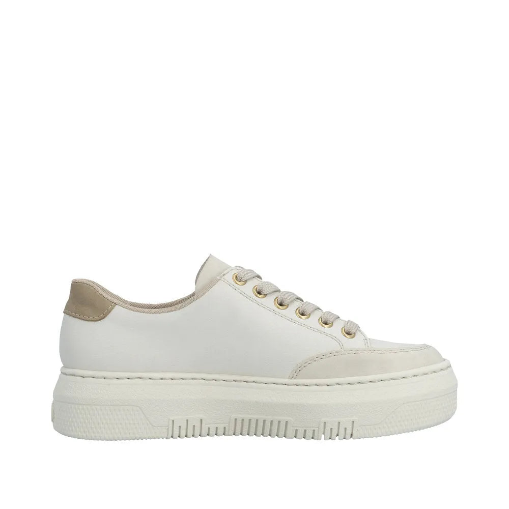 White leather trainers with beige heel detail, lace-up front, zip side, chunky sole, and gold eyelets.