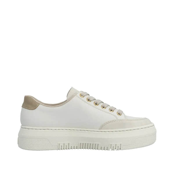 White leather trainers with beige heel detail, lace-up front, zip side, chunky sole, and gold eyelets.
