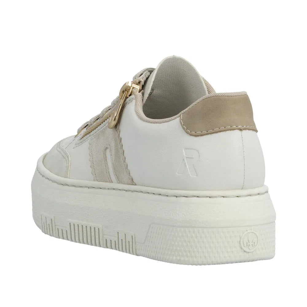 Off white leather trainer with zip and lace fastening, beige suede heel tab, chunky sole, and embossed 