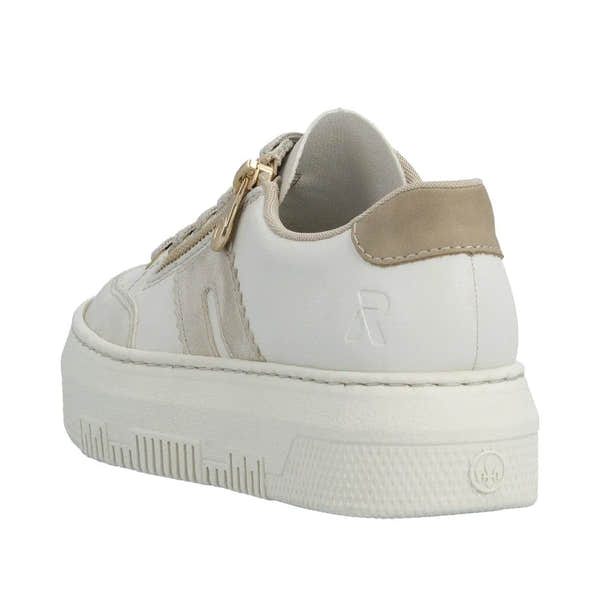Off white leather trainer with zip and lace fastening, beige suede heel tab, chunky sole, and embossed "R" logo at back.