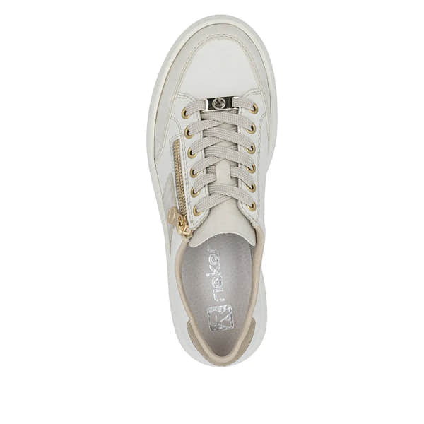 Off white leather women's trainers with zip and lace-up detail, gold accents, and a chunky sole.