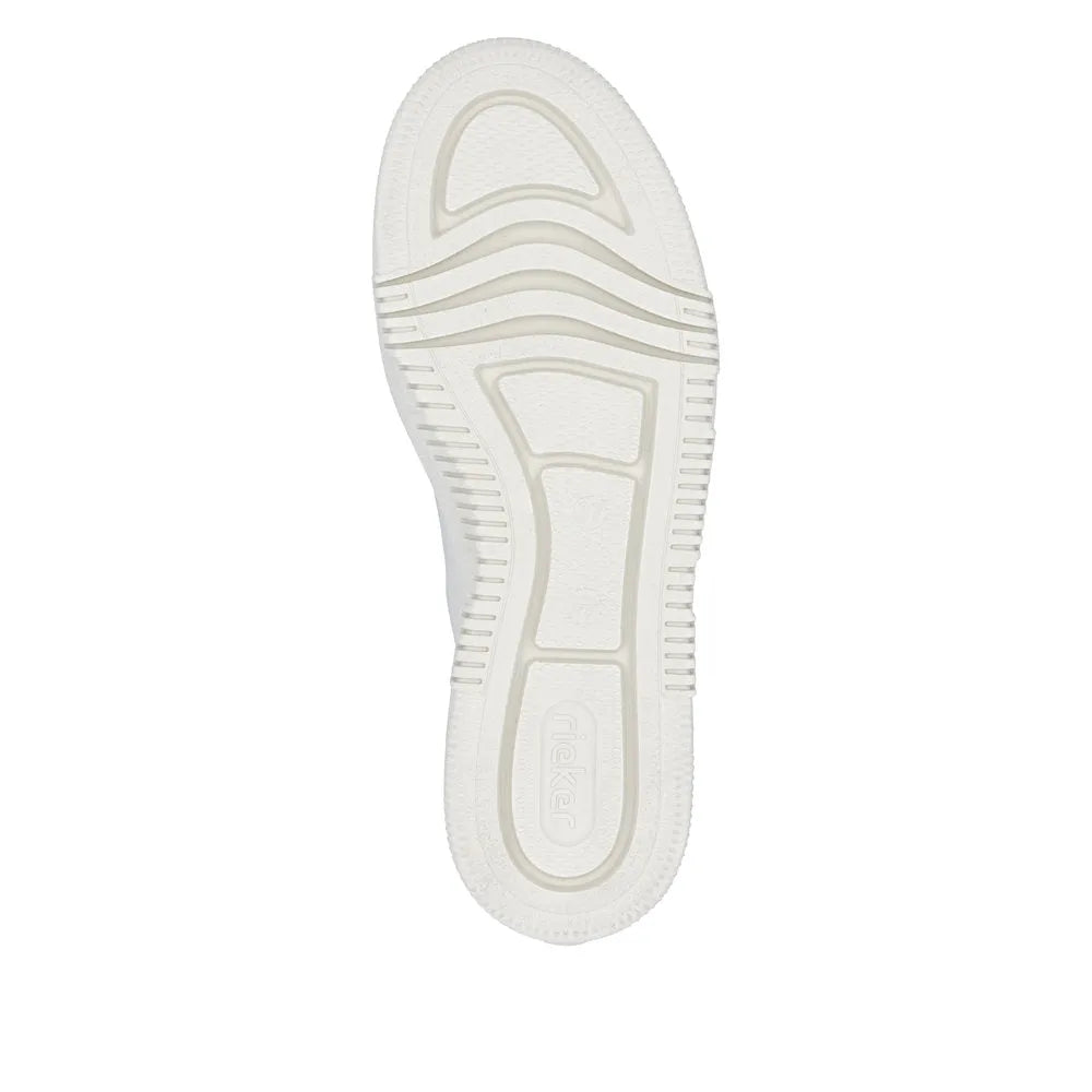 Off-white leather women's trainers with zip and lace-up closure, textured rubber sole, and sporty style.