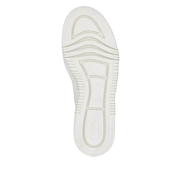 Off-white leather women's trainers with zip and lace-up closure, textured rubber sole, and sporty style.