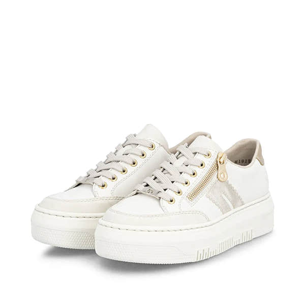Off-white leather trainers with laces, zip detail, and chunky sole, featuring beige accents and a casual style.