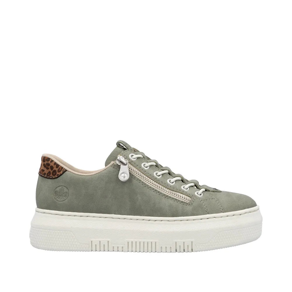 Rieker M1952-52 women's green leather sneakers with lace-up and zipper, chunky sole, leopard print detail on heel.
