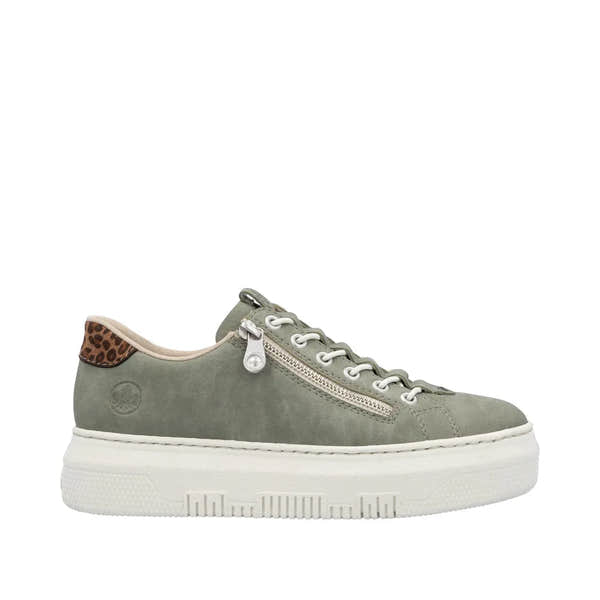 Rieker M1952-52 women's green leather sneakers with lace-up and zipper, chunky sole, leopard print detail on heel.