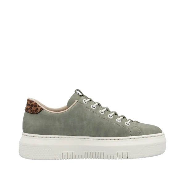 Rieker M1952-52 Ladies Green Sneakers with zipper, lace-up design, and leopard print heel detail.