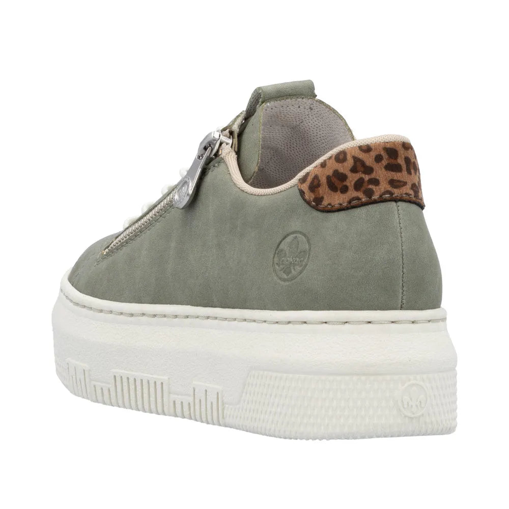 Rieker M1952-52 women's green sneaker with zipper, lace-up design, and leopard print heel detail.