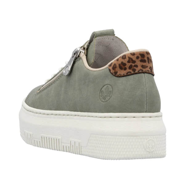 Rieker M1952-52 women's green sneaker with zipper, lace-up design, and leopard print heel detail.