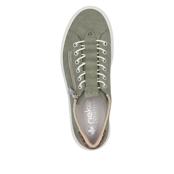 Rieker M1952-52 women's green lace-up shoes with zip closure, stylish design, and comfortable insoles.