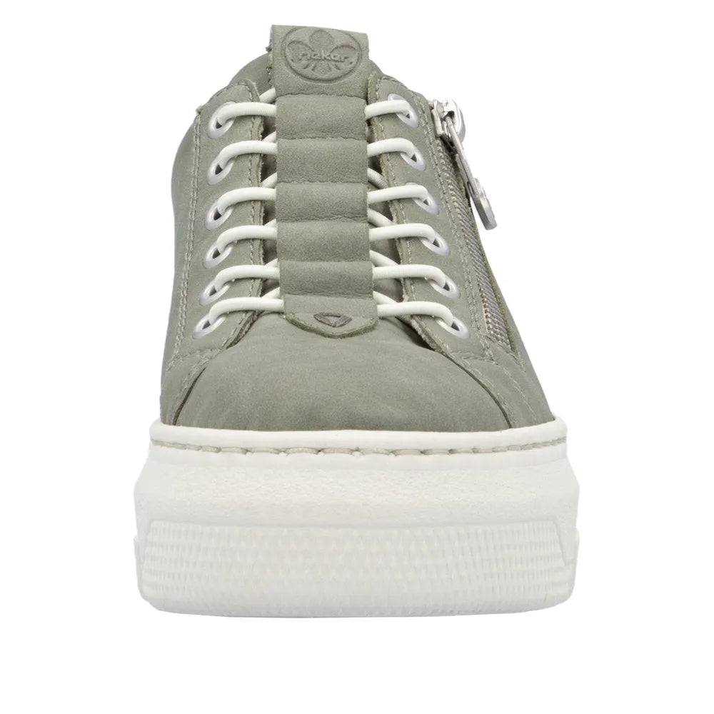 Rieker M1952-52 women's green sneakers with zip and lace-up front, cushioned sole, and side zipper for easy wear.