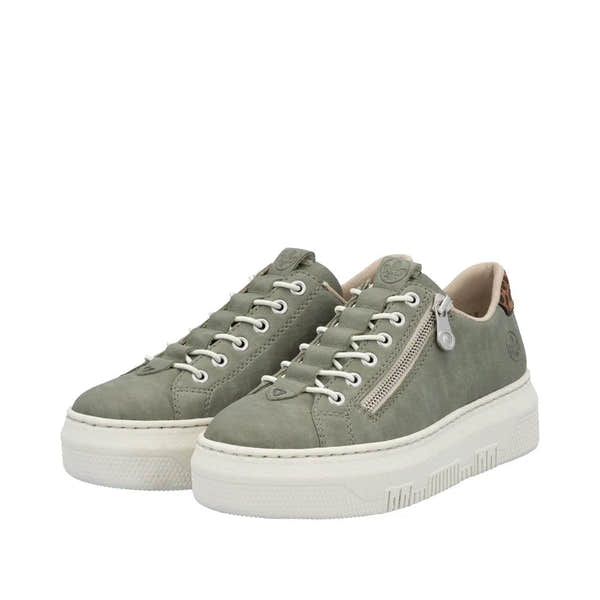 Rieker M1952-52 women's green sneaker with lace-up closure, side zipper, cushioned interior, and leopard print detail on heel.