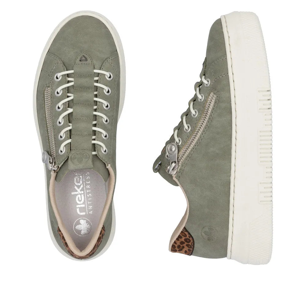 Rieker M1952-52 women's green lace-up sneakers with zip detail, anti-stress cushioning, and leopard print interior lining.