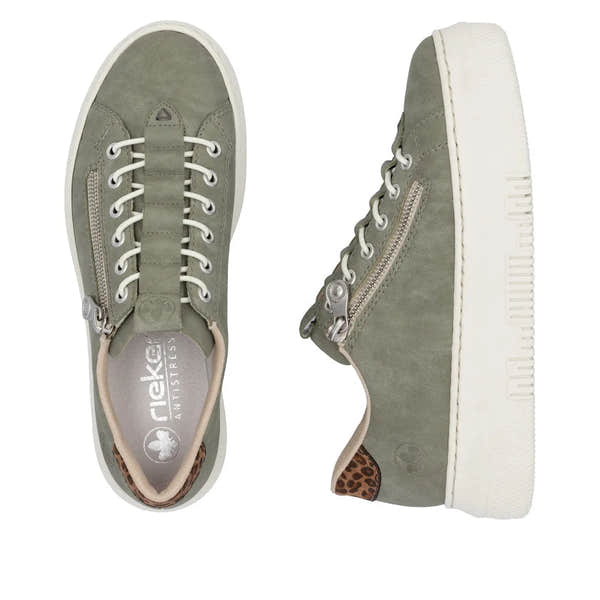 Rieker M1952-52 women's green lace-up sneakers with zip detail, anti-stress cushioning, and leopard print interior lining.