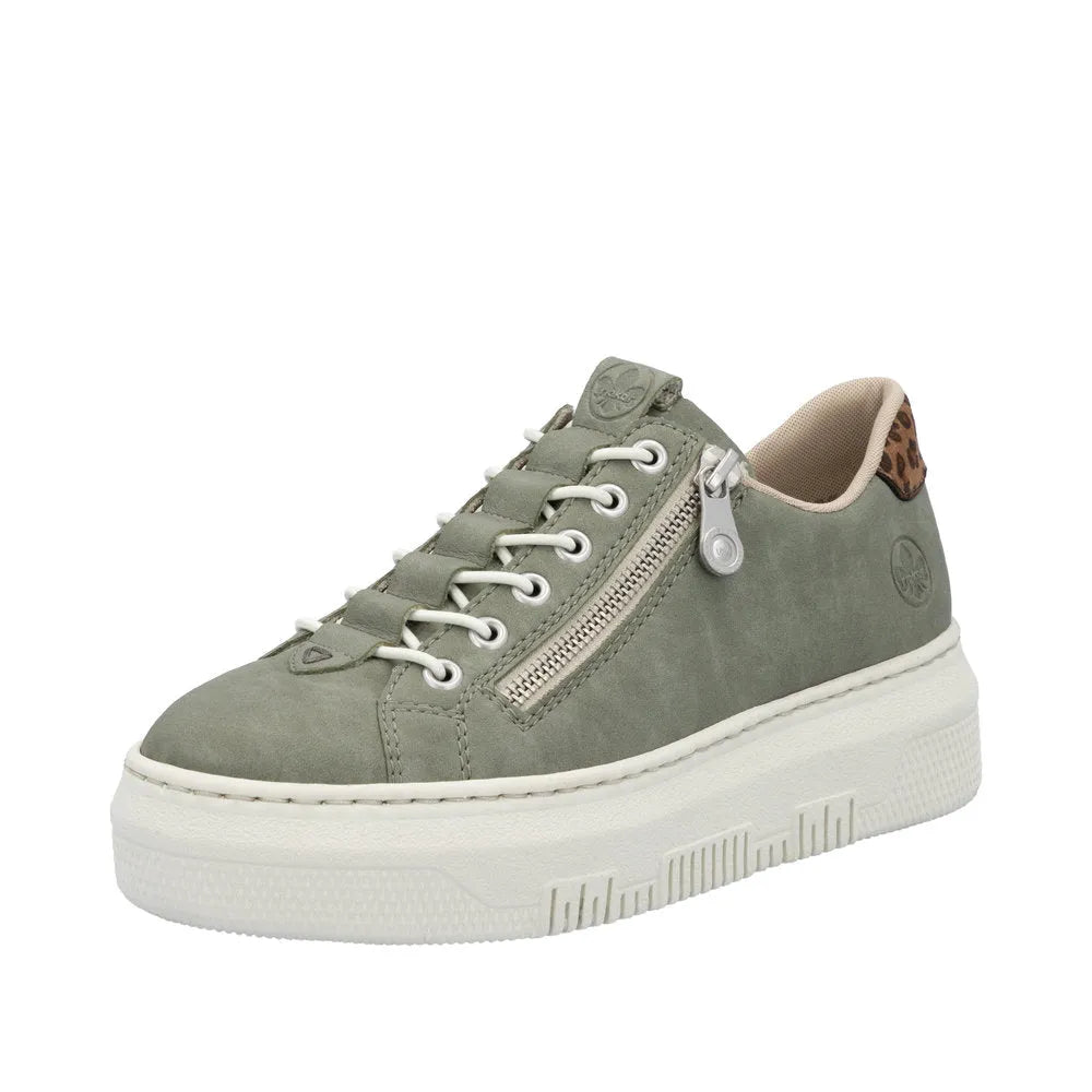 Rieker M1952-52 women's green sneakers with lace-up, side zipper, and leopard print heel detail.