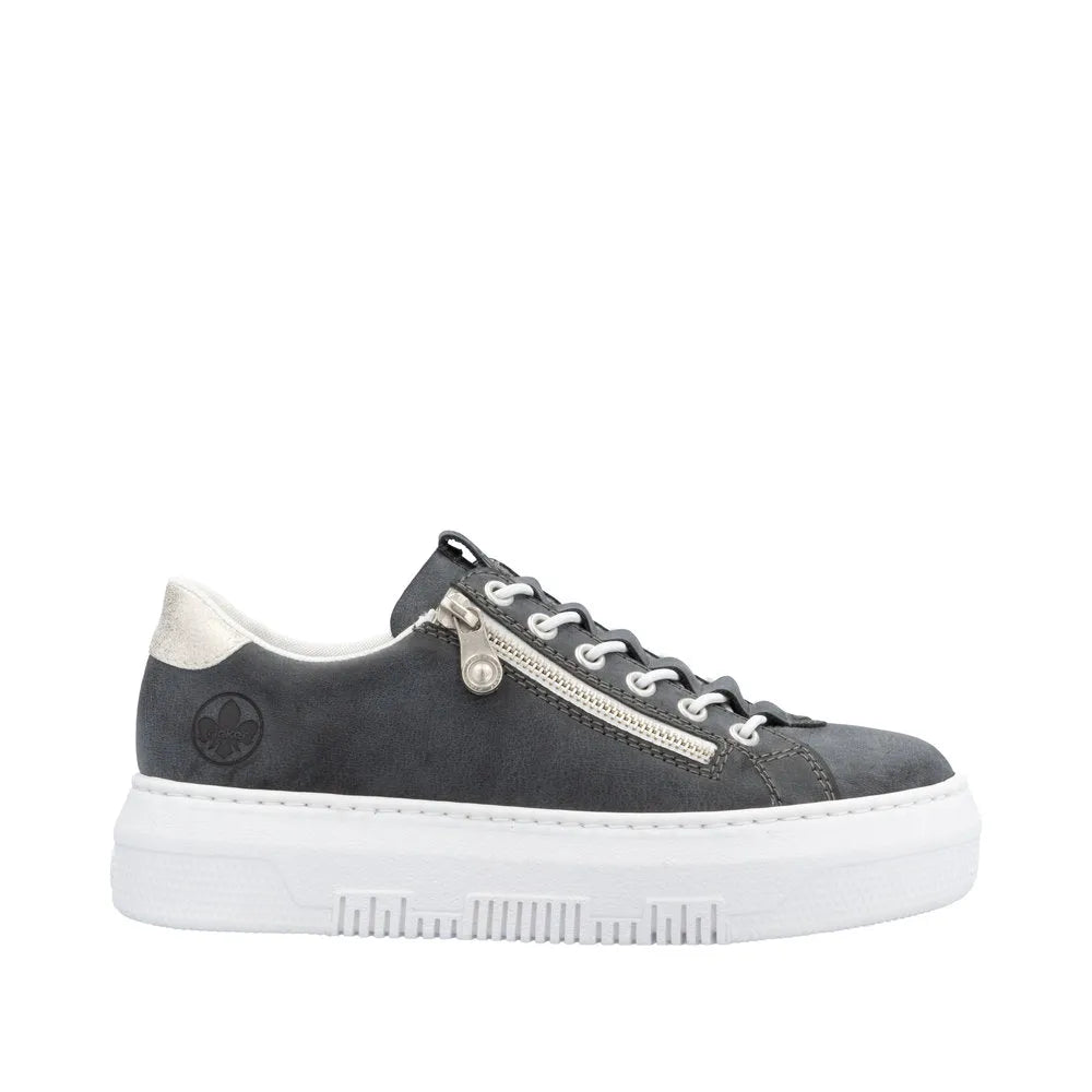 Rieker M1953-14 women's navy sneakers with lace-up, side zipper, and white chunky sole.