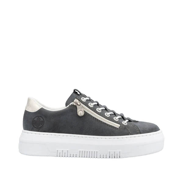 Rieker M1953-14 women's navy sneakers with lace-up, side zipper, and white chunky sole.