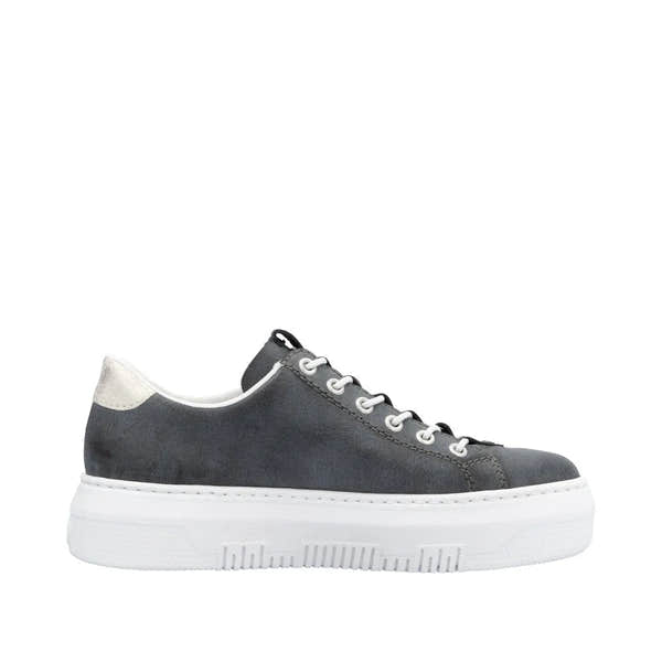 Rieker M1953-14 women's navy casual lace-up shoes with zip, chunky white sole, and mixed fabric design.