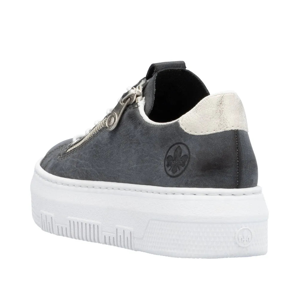 Rieker M1953-14 women's navy sneaker with zip and lace-up closure, white sole, and casual stylish design.