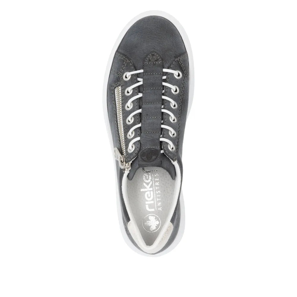 Rieker M1953-14 women's navy leather lace-up shoes with side zipper, cushioned insole, and white rubber sole.