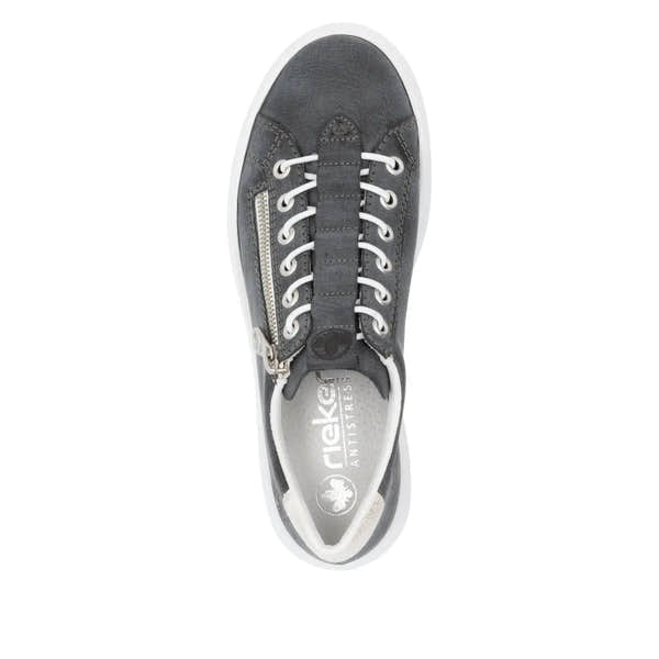 Rieker M1953-14 women's navy leather lace-up shoes with side zipper, cushioned insole, and white rubber sole.