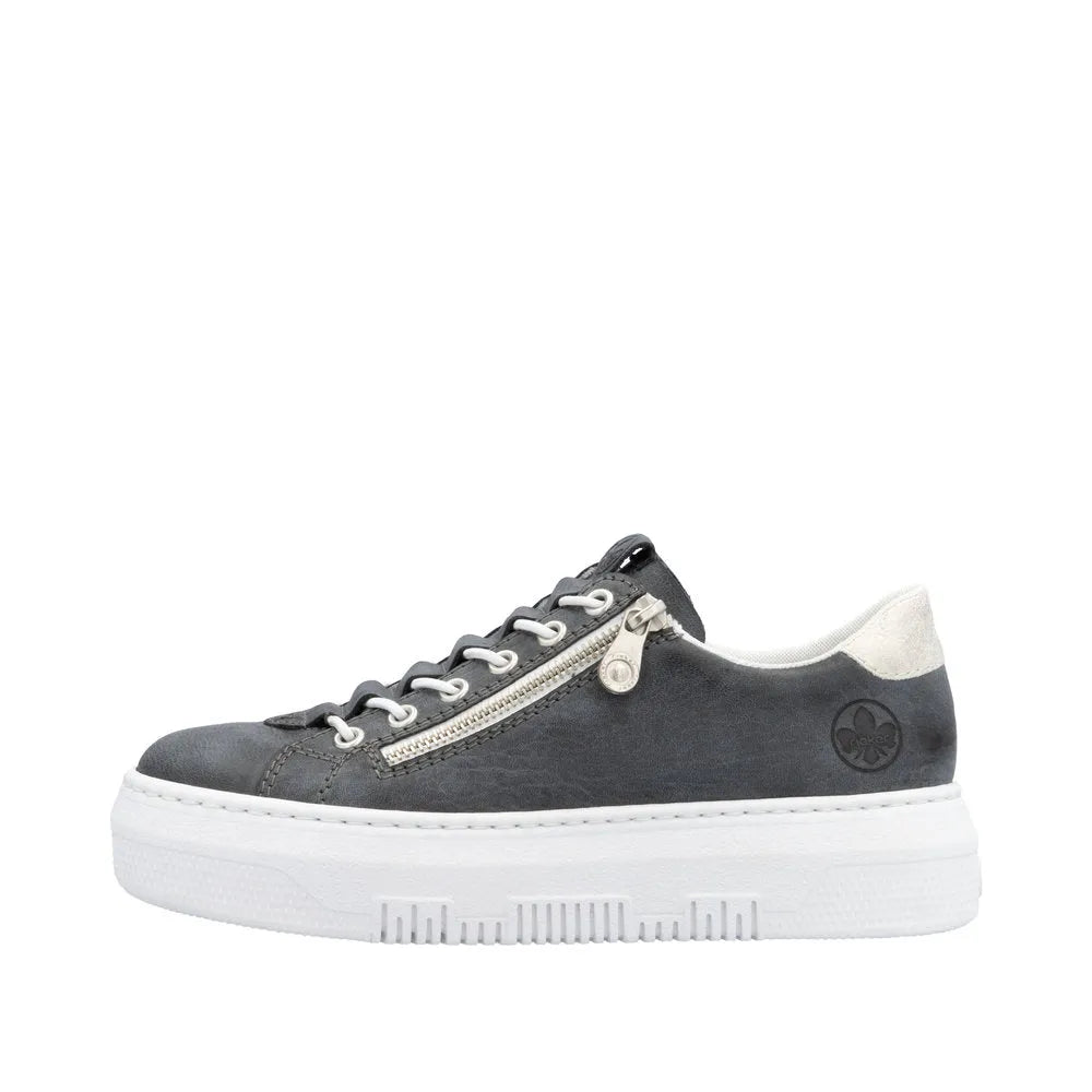Rieker M1953-14 ladies navy casual shoes with zip, lace-up design, and white sole.