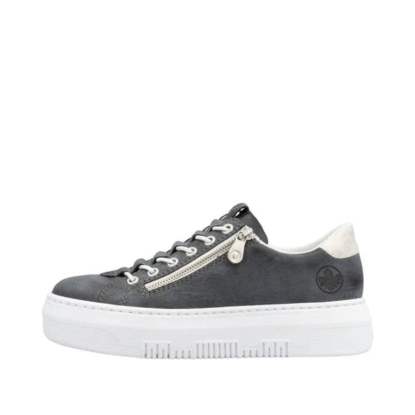 Rieker M1953-14 ladies navy casual shoes with zip, lace-up design, and white sole.
