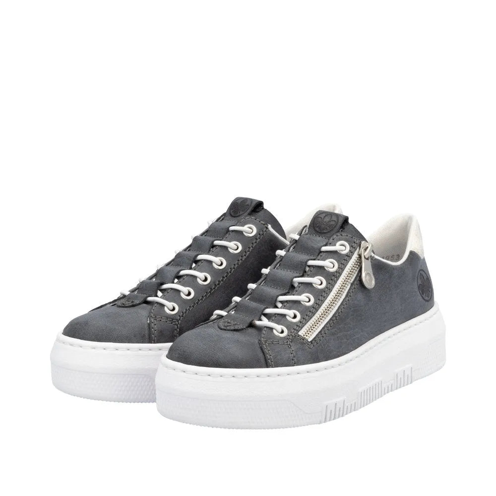Rieker M1953-14 Ladies Navy Sneakers with zip and lace-up closure, white sole, stylish casual footwear.